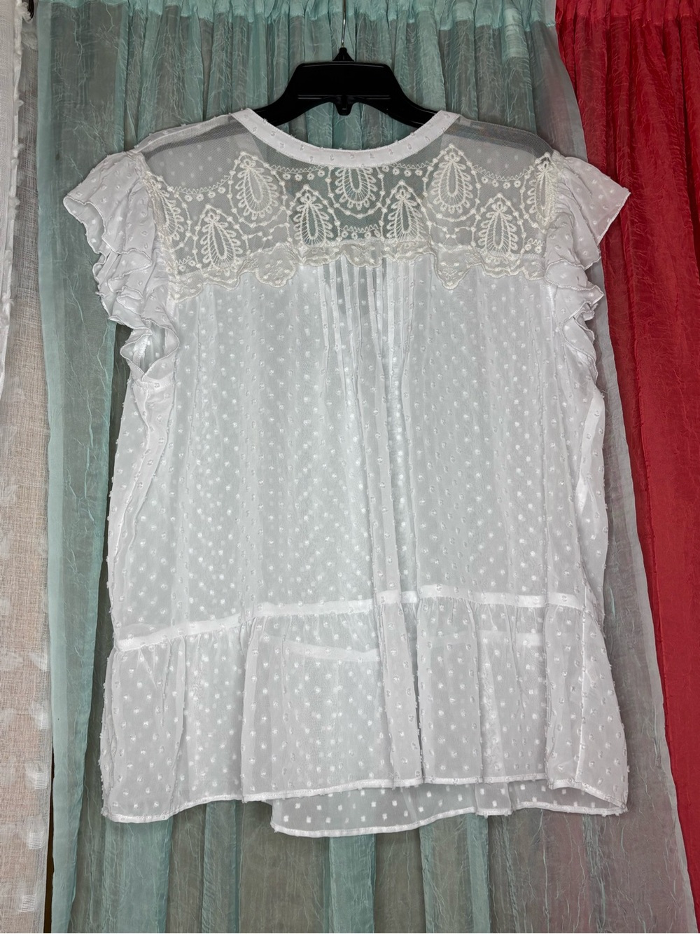 Maurices White Swiss Dot Lace Yoke Ruffle Sleeve Blouse